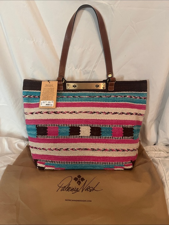 Patricia Nash Handbags - Patricia Nash Pink Turquoise Woven Stripe Tote with Brown Leather Handles